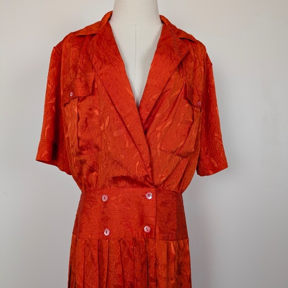 80s Orange Midi Dress Drop Waist Peplum Doubled Breasted Collar V-Neck - Picture 2 of 11